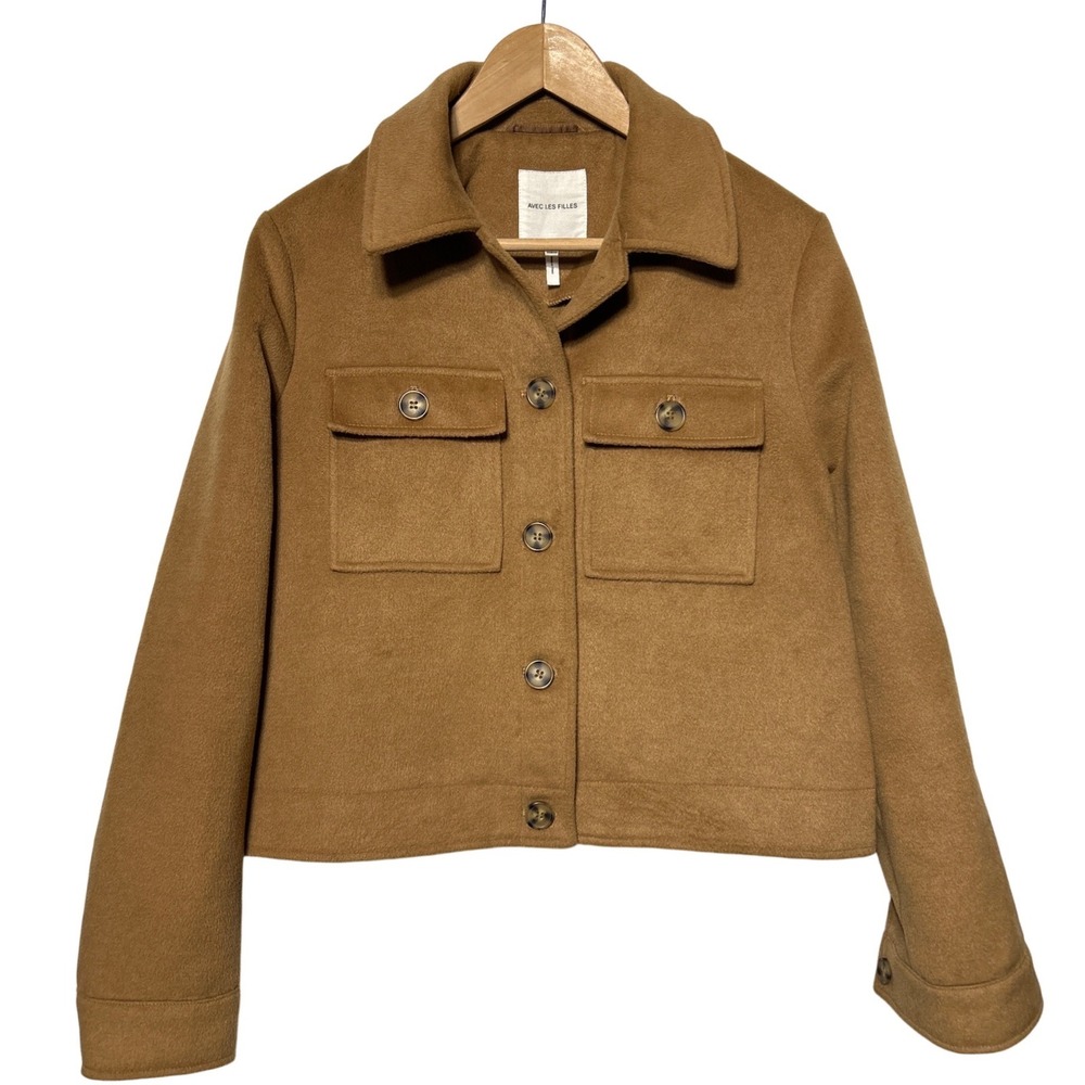 Avec Les Filles Camel Brown Cropped Trucker Jacket Wool Blend Women's Size M - Picture 2 of 12